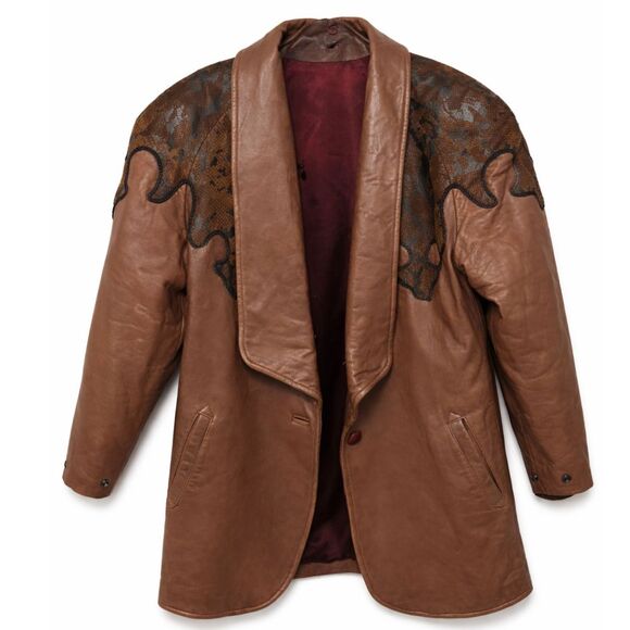 None Jackets & Blazers - Vintage Western Faux Leather Coat Brown Yoke Blazer 80s Oversized Large Cowgirl